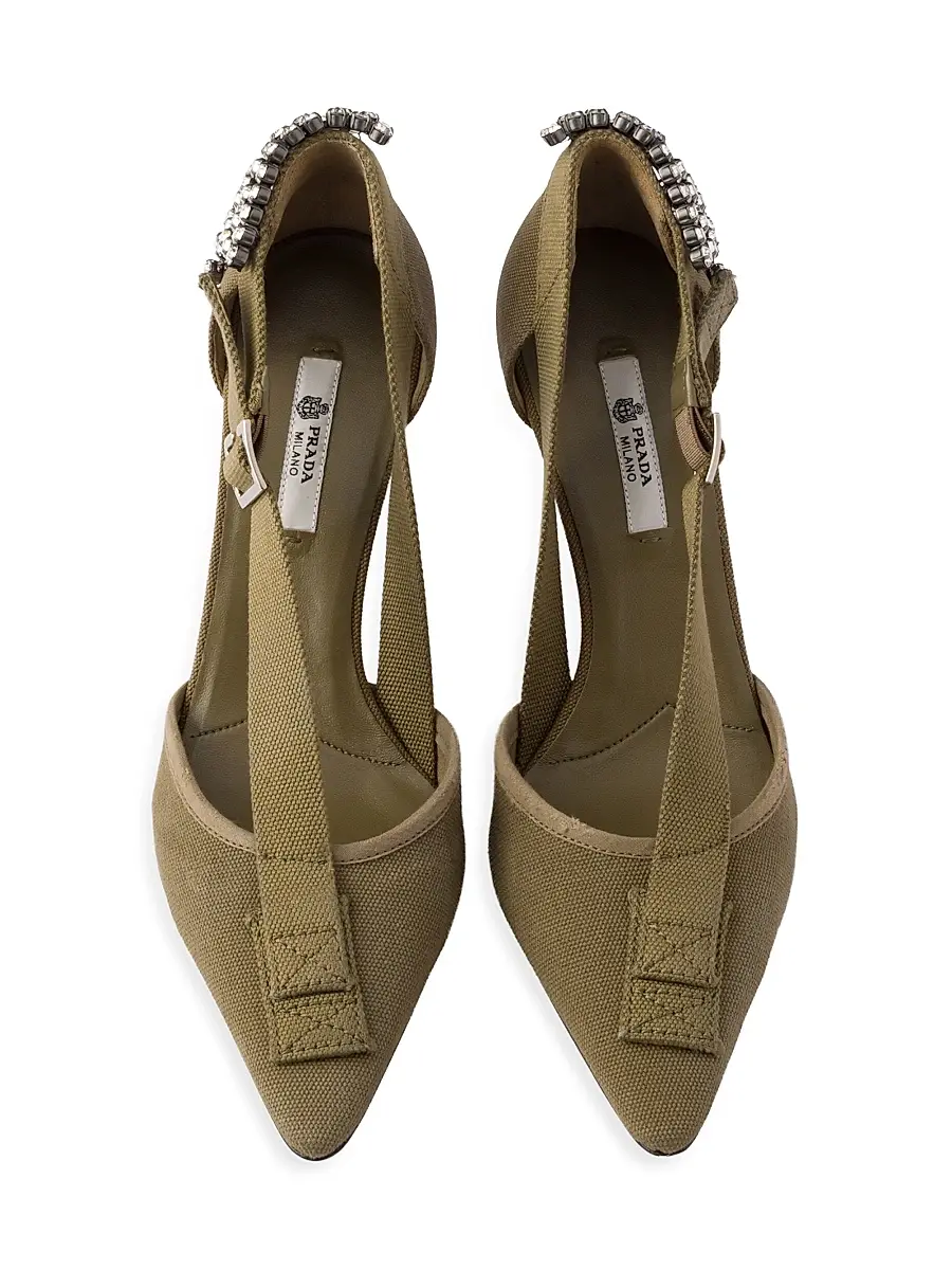 Prada Women's Canvas Pumps with Crystals - Khaki Green | Thumbnail 4 Prada Women's Canvas Pumps with Crystals - Khaki Green | Thumbnail 4