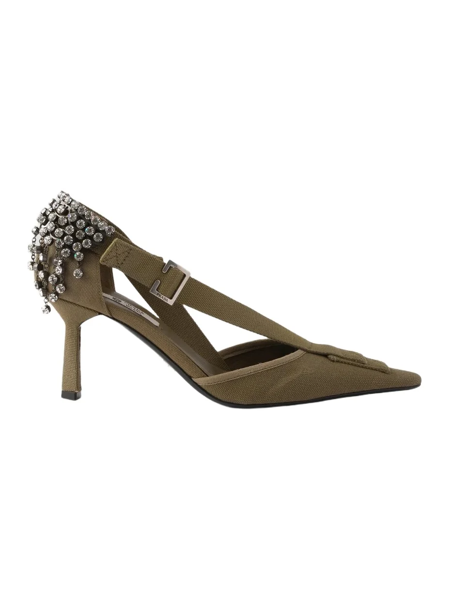 Prada Women's Canvas Pumps with Crystals - Khaki Green