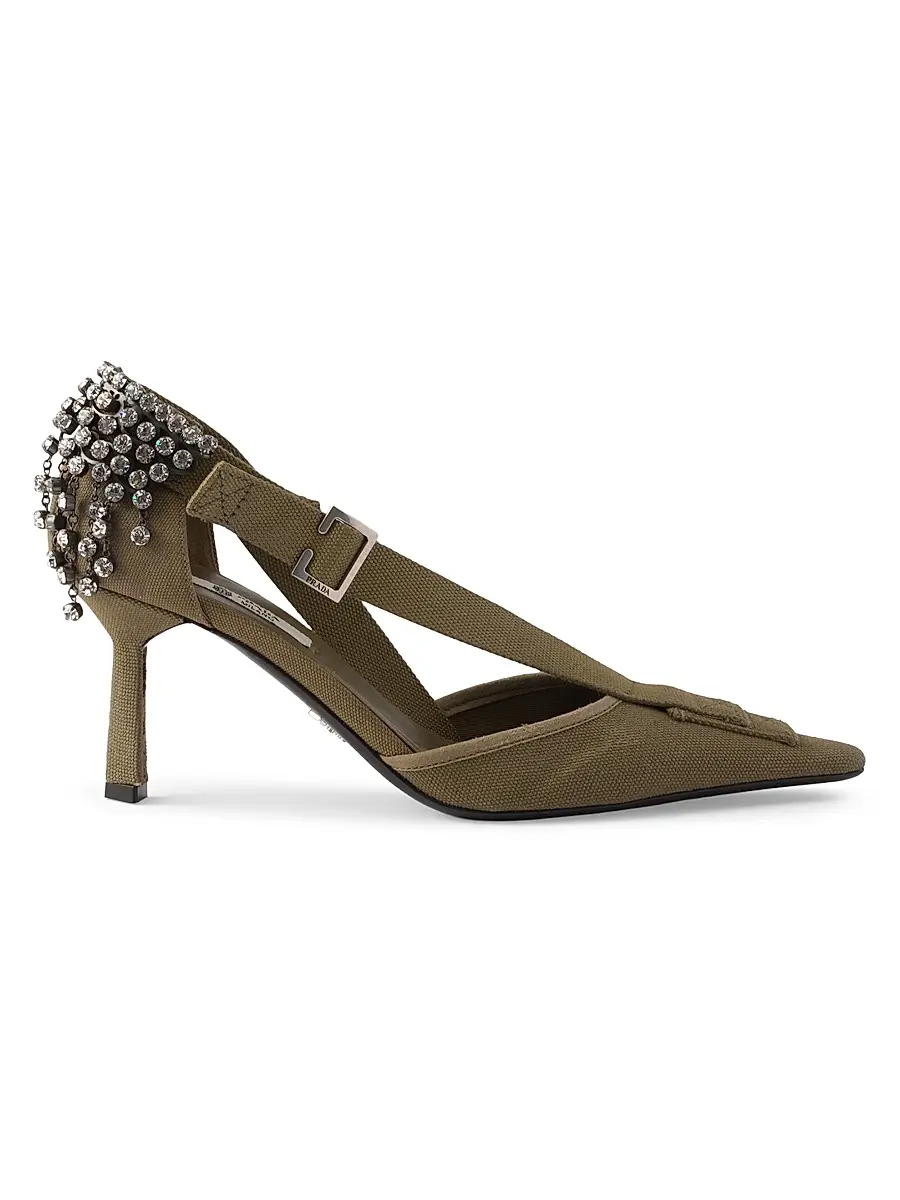 Prada Women's Canvas Pumps with Crystals - Khaki Green