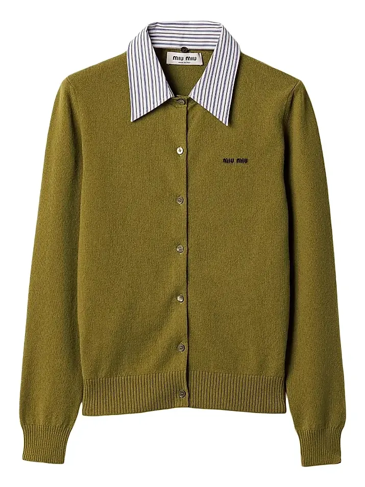 Women's Cashmere Cardigan with Collar - Green