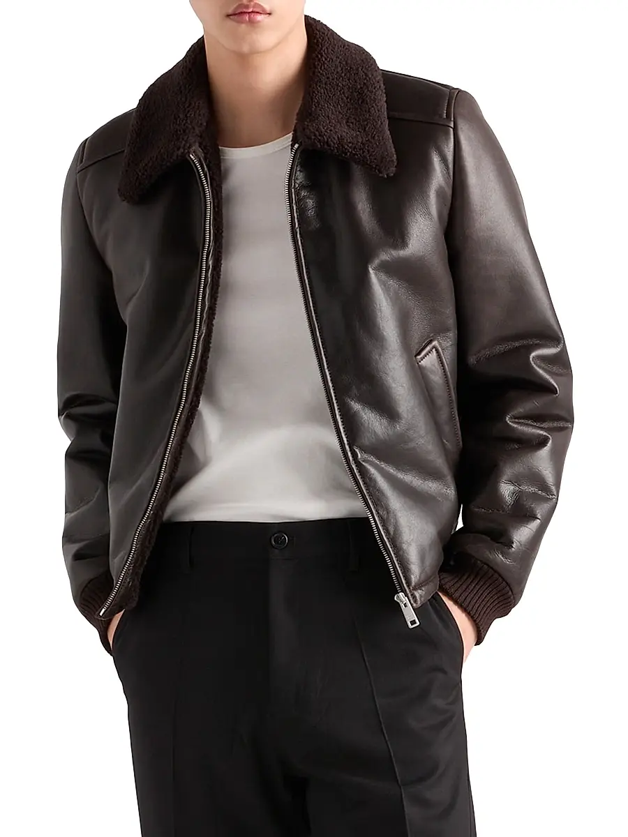 Prada Men's Leather and Shearling Jacket - Brown | Thumbnail 2 Prada Men's Leather and Shearling Jacket - Brown | Thumbnail 2