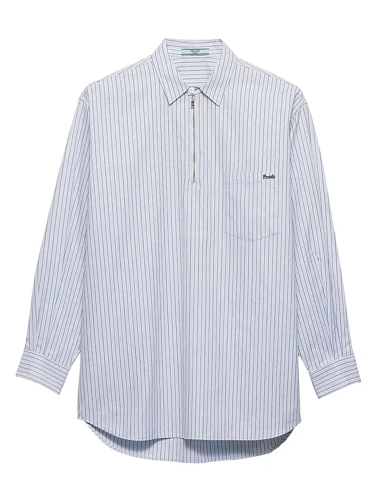 Women's Striped Cotton Shirt with Half-Zipper - Blue