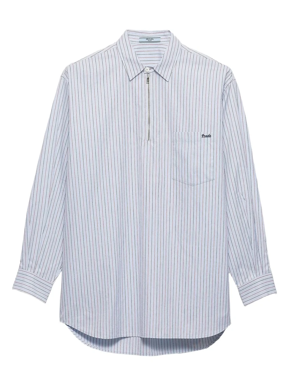Prada Women's Striped Cotton Shirt with Half-Zipper - Blue
