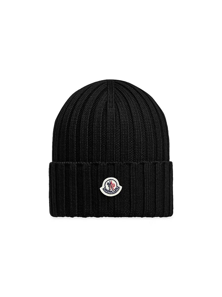 Moncler Women's Wool Ribbed Knit Logo Beanie - Black | Image 1 Moncler Women's Wool Ribbed Knit Logo Beanie - Black | Image 1