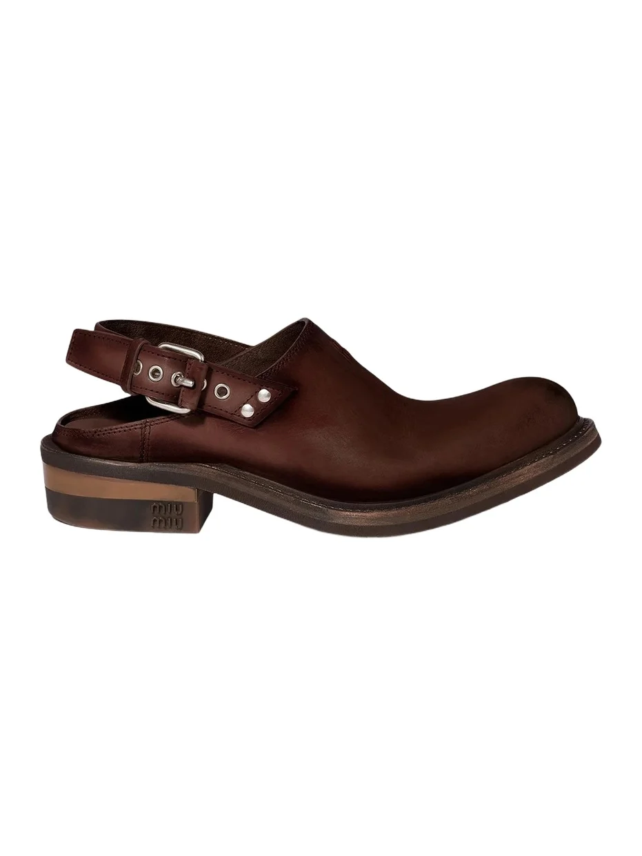Miu Miu Women's Leather Mules with Buckle - Dark Brown