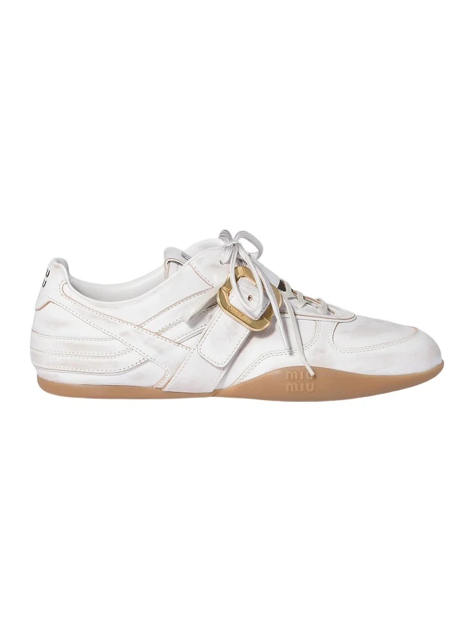 Miu Miu Women's Gymnasium Leather Sneakers with Strap and Buckle - White