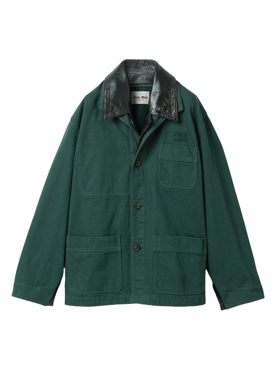 Miu Miu Women's Single-Breasted Garment-Dyed Gabardine and Leather Jacket - Green