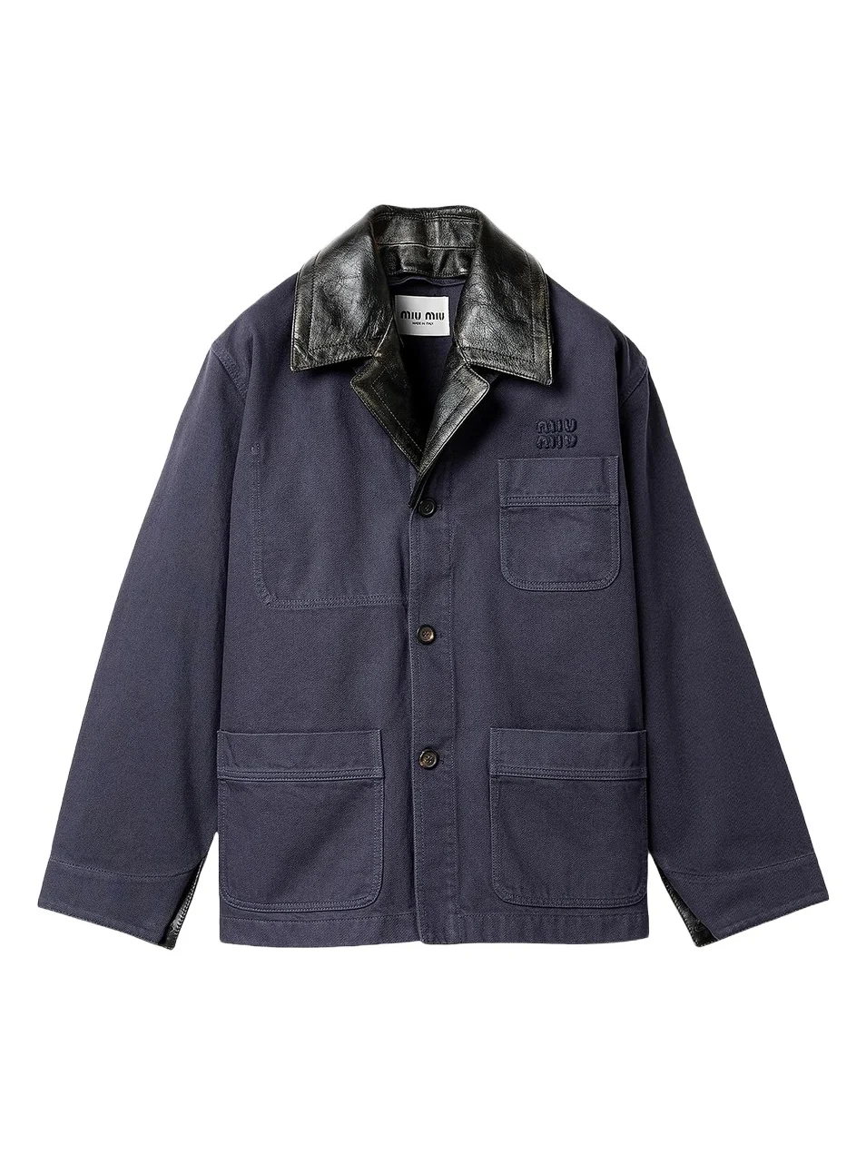 Miu Miu Women's Single-Breasted Garment-Dyed Gabardine and Leather Jacket - Grey