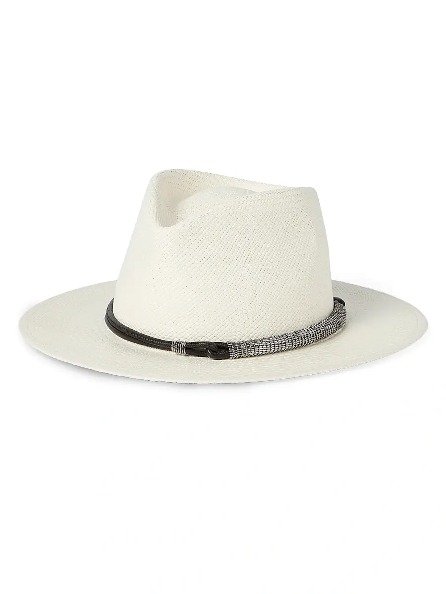 Brunello Cucinelli Women's Straw Fedora with Precious Leather Band - White | Image 1 Brunello Cucinelli Women's Straw Fedora with Precious Leather Band - White | Image 1