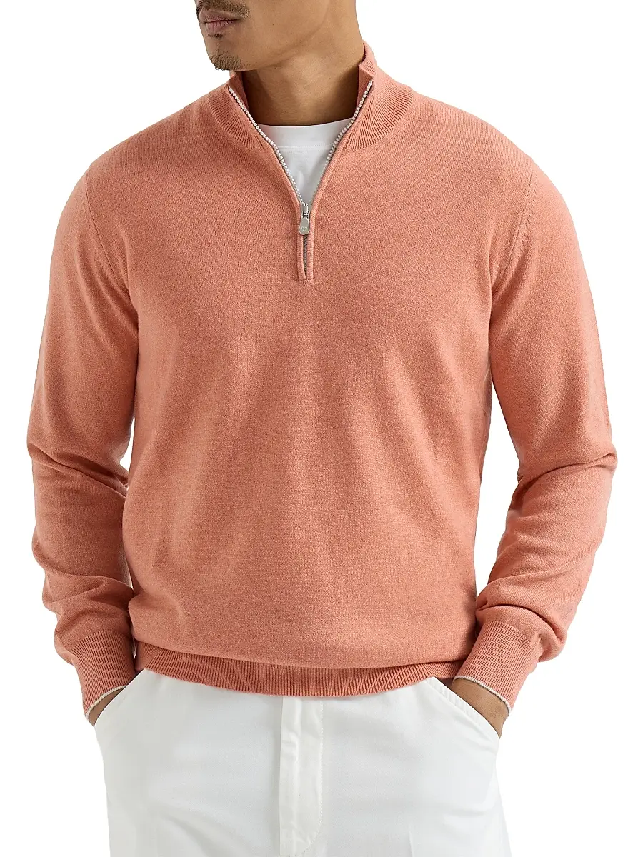 Brunello Cucinelli Men's Cashmere Sweater with Half Zip - Apricot | Thumbnail 2