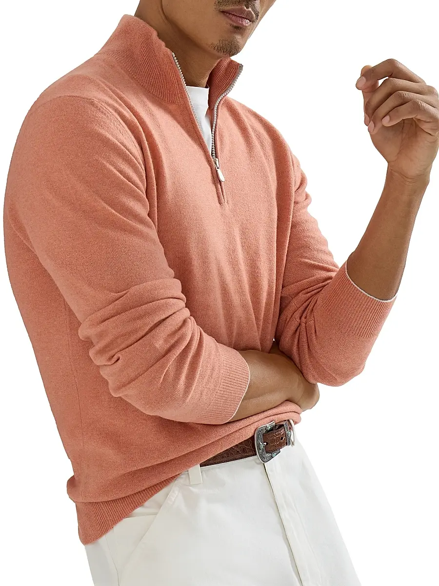 Brunello Cucinelli Men's Cashmere Sweater with Half Zip - Apricot | Thumbnail 4