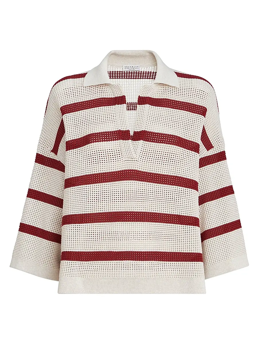 Brunello Cucinelli Women's Cotton Striped Net Knit Polo Shirt - Bordeaux | Image 1 Brunello Cucinelli Women's Cotton Striped Net Knit Polo Shirt - Bordeaux | Image 1