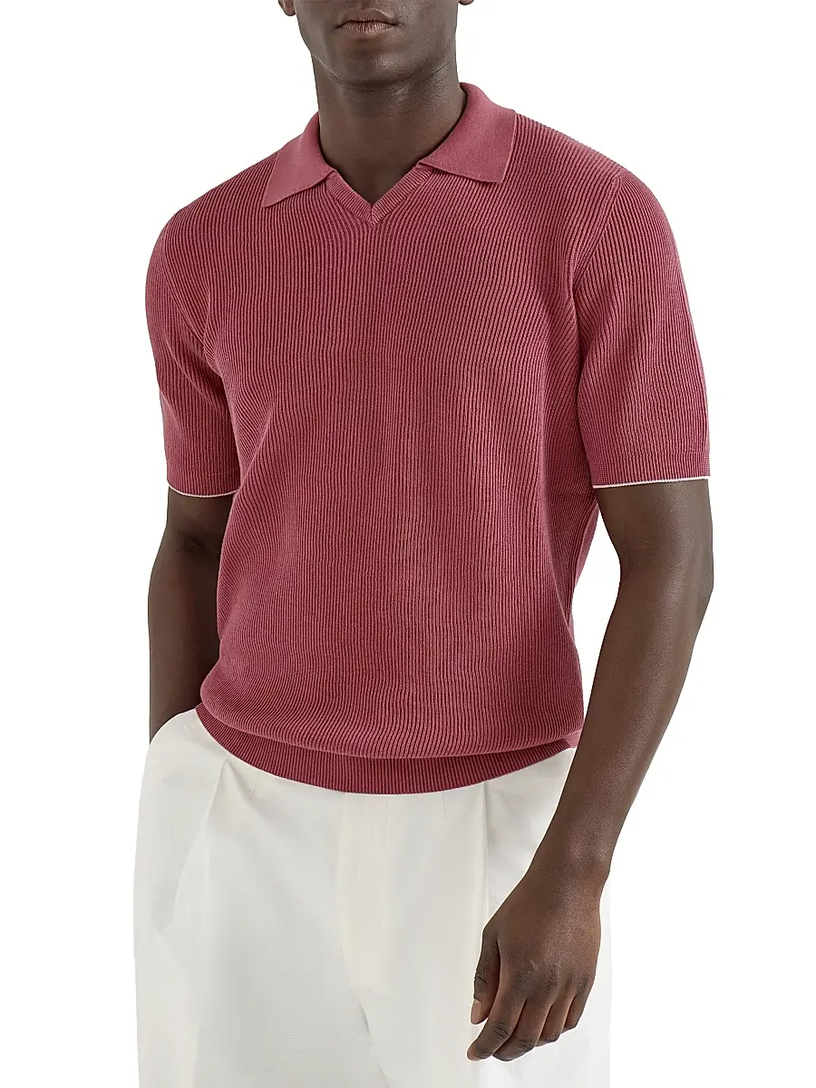 Brunello Cucinelli Men's Cotton English Rib Knit Polo Shirt | Thumbnail 2 Brunello Cucinelli Men's Cotton English Rib Knit Polo Shirt | Thumbnail 2