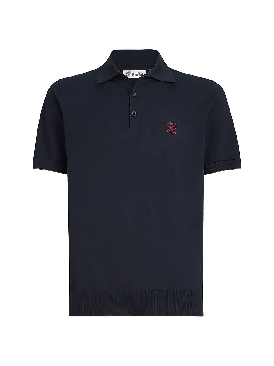 Brunello Cucinelli Men's Cotton Lightweight Knit Polo Shirt with Logo - Navy Blue | Image 1 Brunello Cucinelli Men's Cotton Lightweight Knit Polo Shirt with Logo - Navy Blue | Image 1