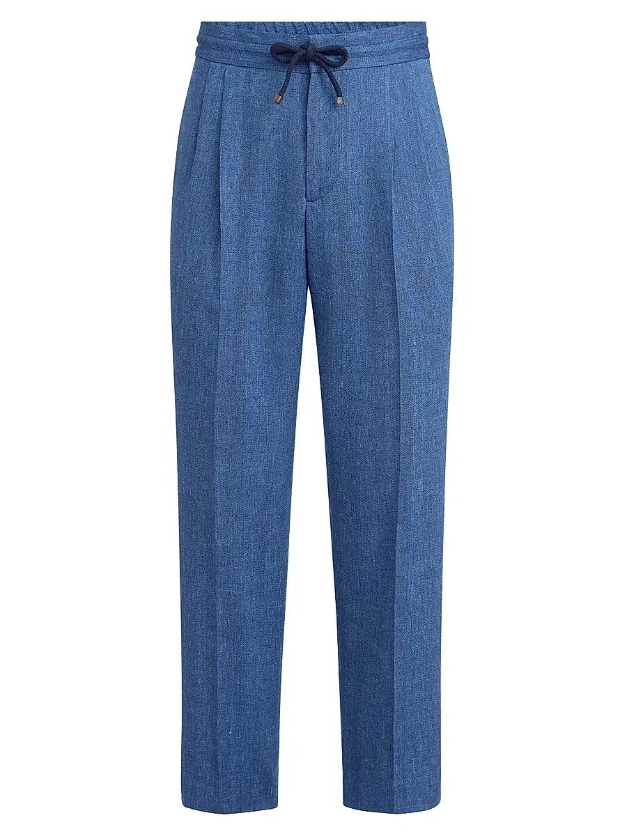 Brunello Cucinelli Men's Linen and Virgin Wool Chevron Trousers with Drawstring and Double Pleats - Denim | Image 1 Brunello Cucinelli Men's Linen and Virgin Wool Chevron Trousers with Drawstring and Double Pleats - Denim | Image 1