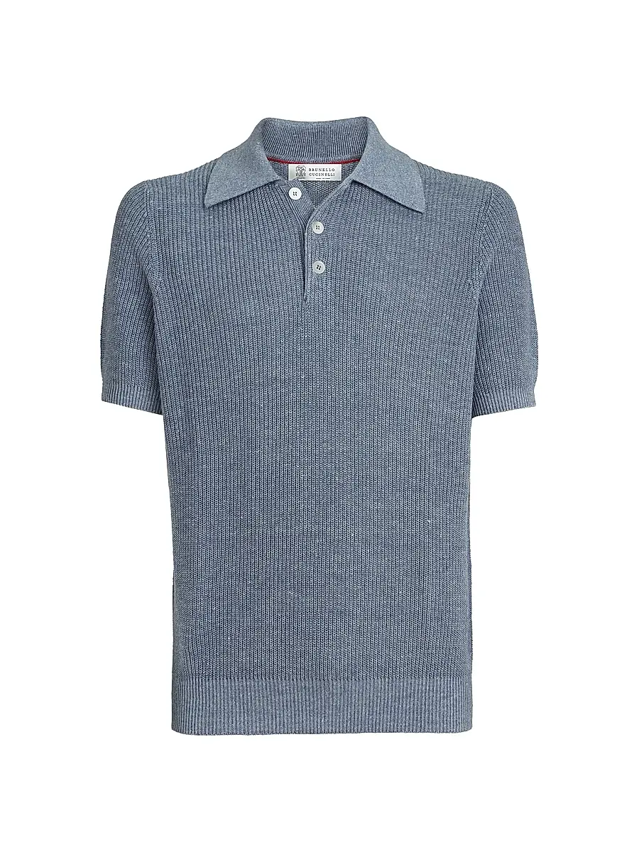 Brunello Cucinelli Men's Linen and Cotton Half English Rib Knit Polo Shirt - Slate | Image 1 Brunello Cucinelli Men's Linen and Cotton Half English Rib Knit Polo Shirt - Slate | Image 1