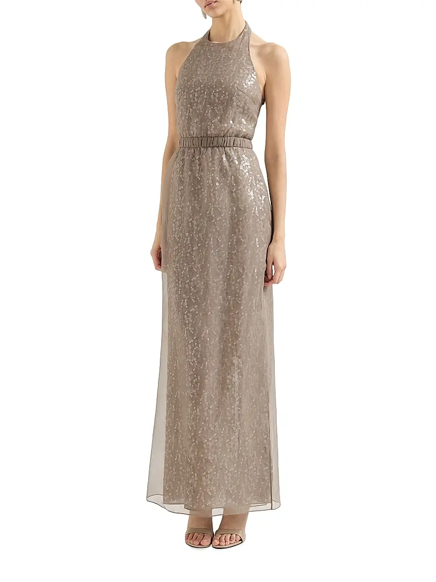 Brunello Cucinelli Women's Dazzling Mirage Embroidery Halterneck Dress in Crispy Silk - Rope | Thumbnail 2 Brunello Cucinelli Women's Dazzling Mirage Embroidery Halterneck Dress in Crispy Silk - Rope | Thumbnail 2