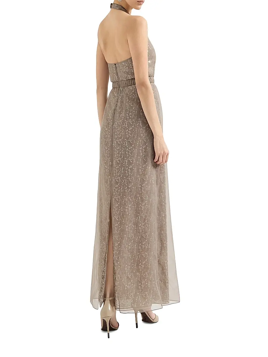 Brunello Cucinelli Women's Dazzling Mirage Embroidery Halterneck Dress in Crispy Silk - Rope | Thumbnail 3 Brunello Cucinelli Women's Dazzling Mirage Embroidery Halterneck Dress in Crispy Silk - Rope | Thumbnail 3