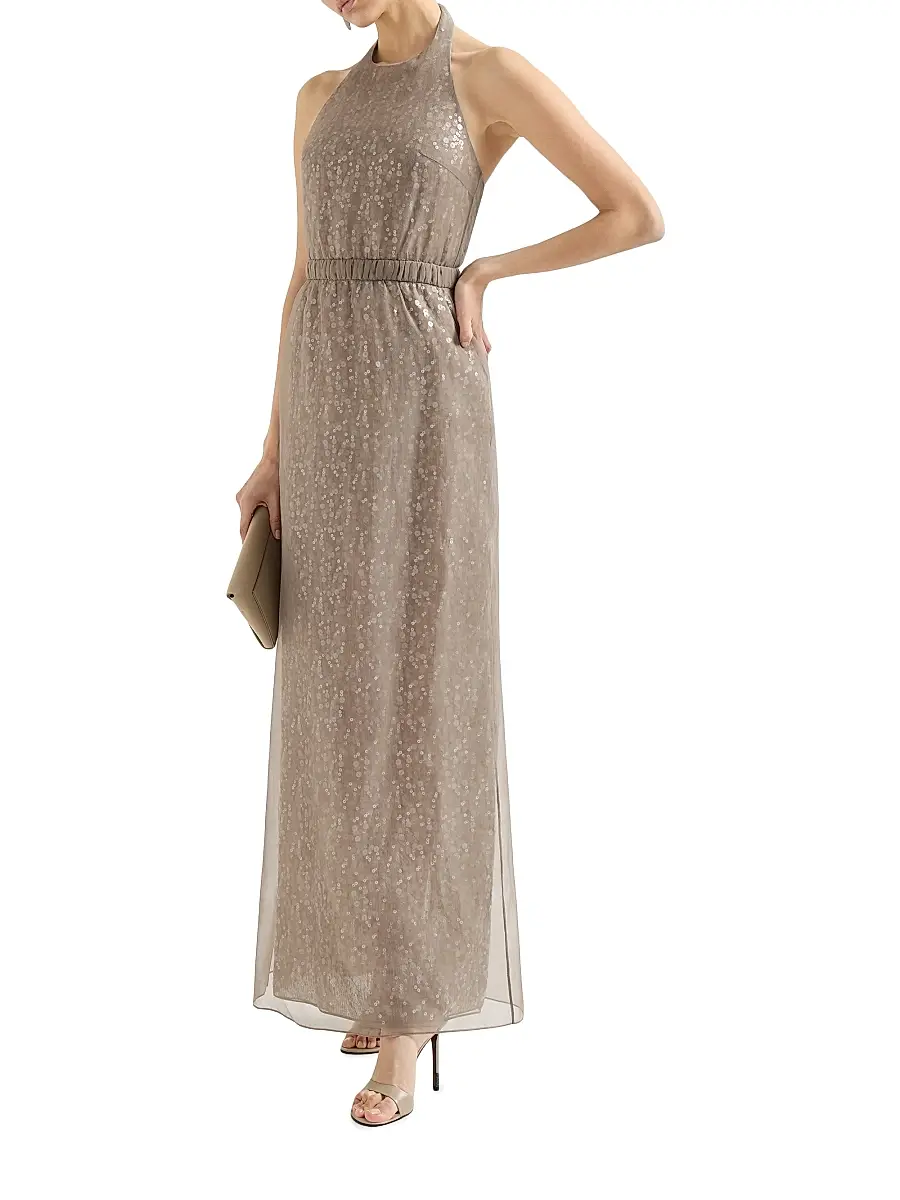 Brunello Cucinelli Women's Dazzling Mirage Embroidery Halterneck Dress in Crispy Silk - Rope | Thumbnail 4 Brunello Cucinelli Women's Dazzling Mirage Embroidery Halterneck Dress in Crispy Silk - Rope | Thumbnail 4