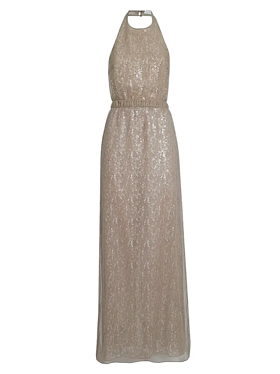 Brunello Cucinelli Women's Dazzling Mirage Embroidery Halterneck Dress in Crispy Silk - Rope
