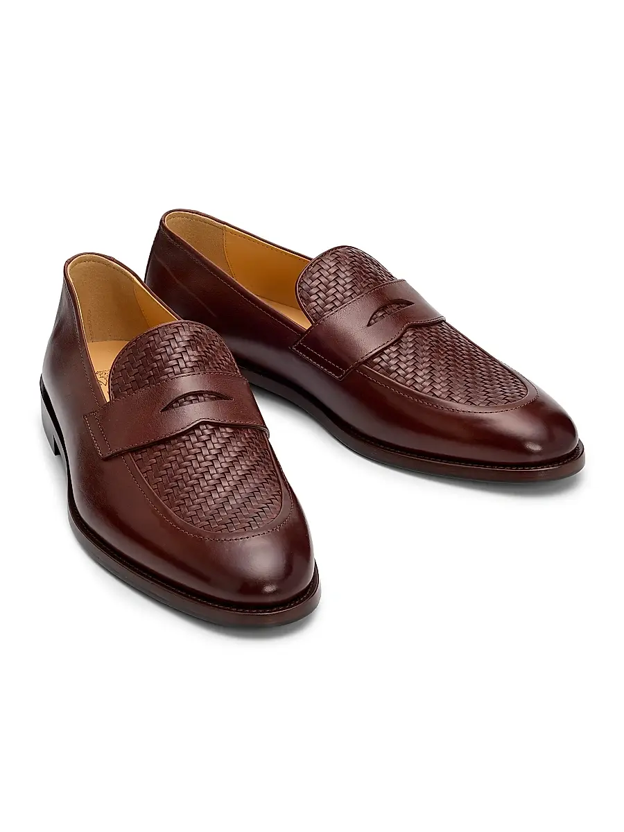 Brunello Cucinelli Men's Woven Leather Penny Loafers | Thumbnail 2