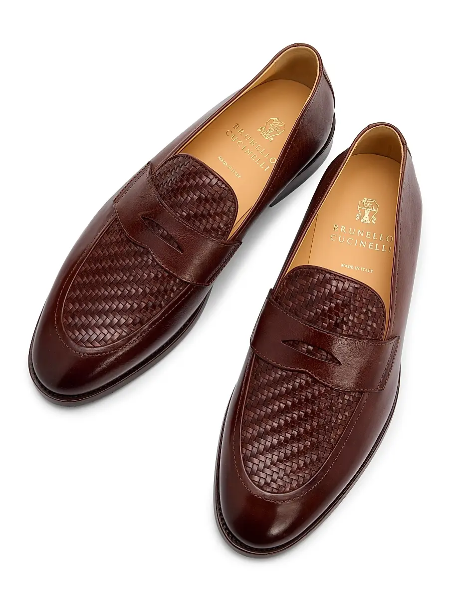 Brunello Cucinelli Men's Woven Leather Penny Loafers | Thumbnail 4