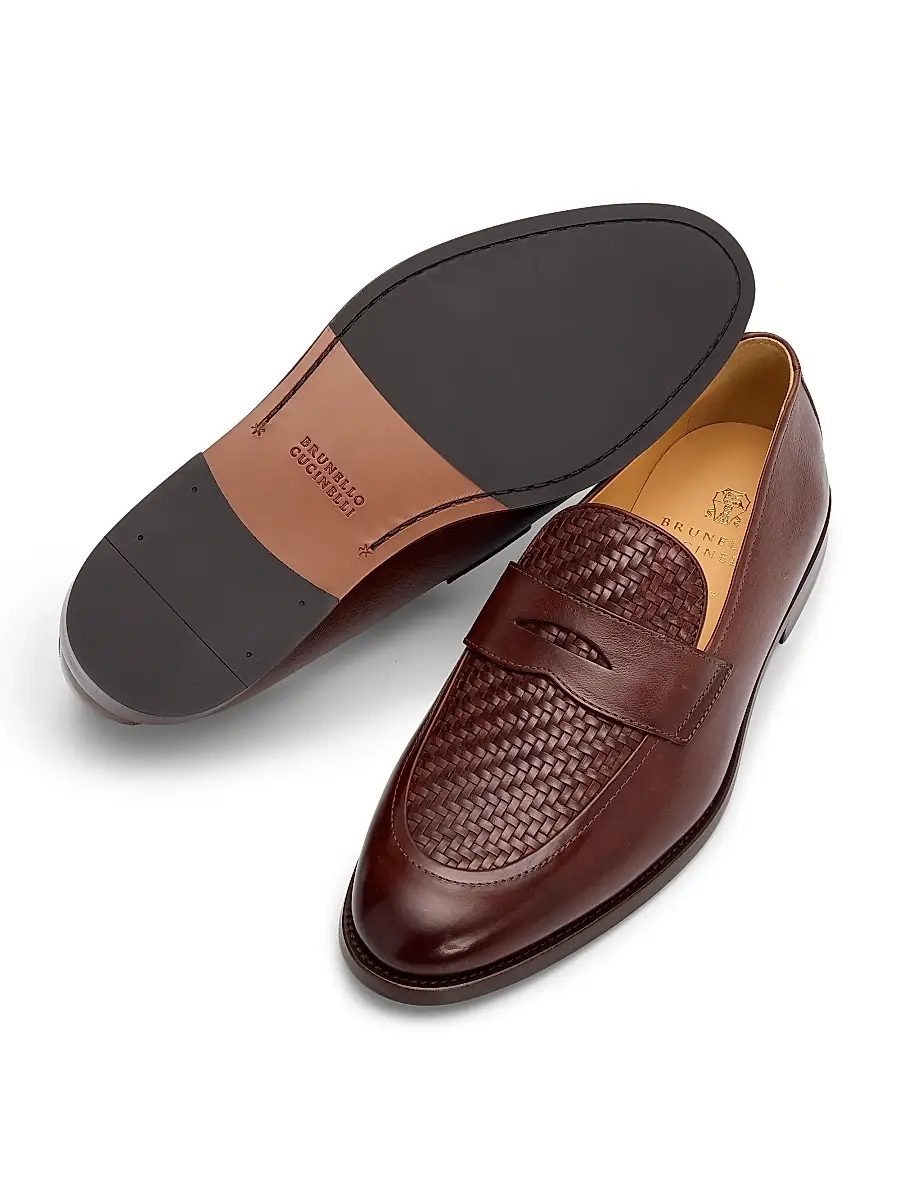 Brunello Cucinelli Men's Woven Leather Penny Loafers | Thumbnail 6