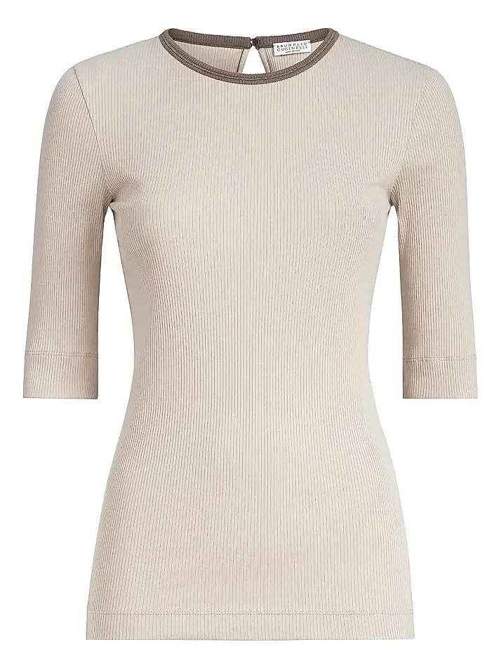 Brunello Cucinelli Women's Stretch Cotton Ribbed Jersey Top with Shiny Trim - Buff