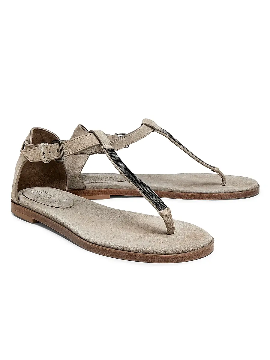 Brunello Cucinelli Women's Beaded Suede T-Strap Sandals | Thumbnail 2 Brunello Cucinelli Women's Beaded Suede T-Strap Sandals | Thumbnail 2