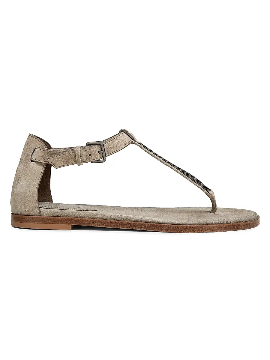 Brunello Cucinelli Women's Beaded Suede T-Strap Sandals - Ice | Image 1 Brunello Cucinelli Women's Beaded Suede T-Strap Sandals - Ice | Image 1