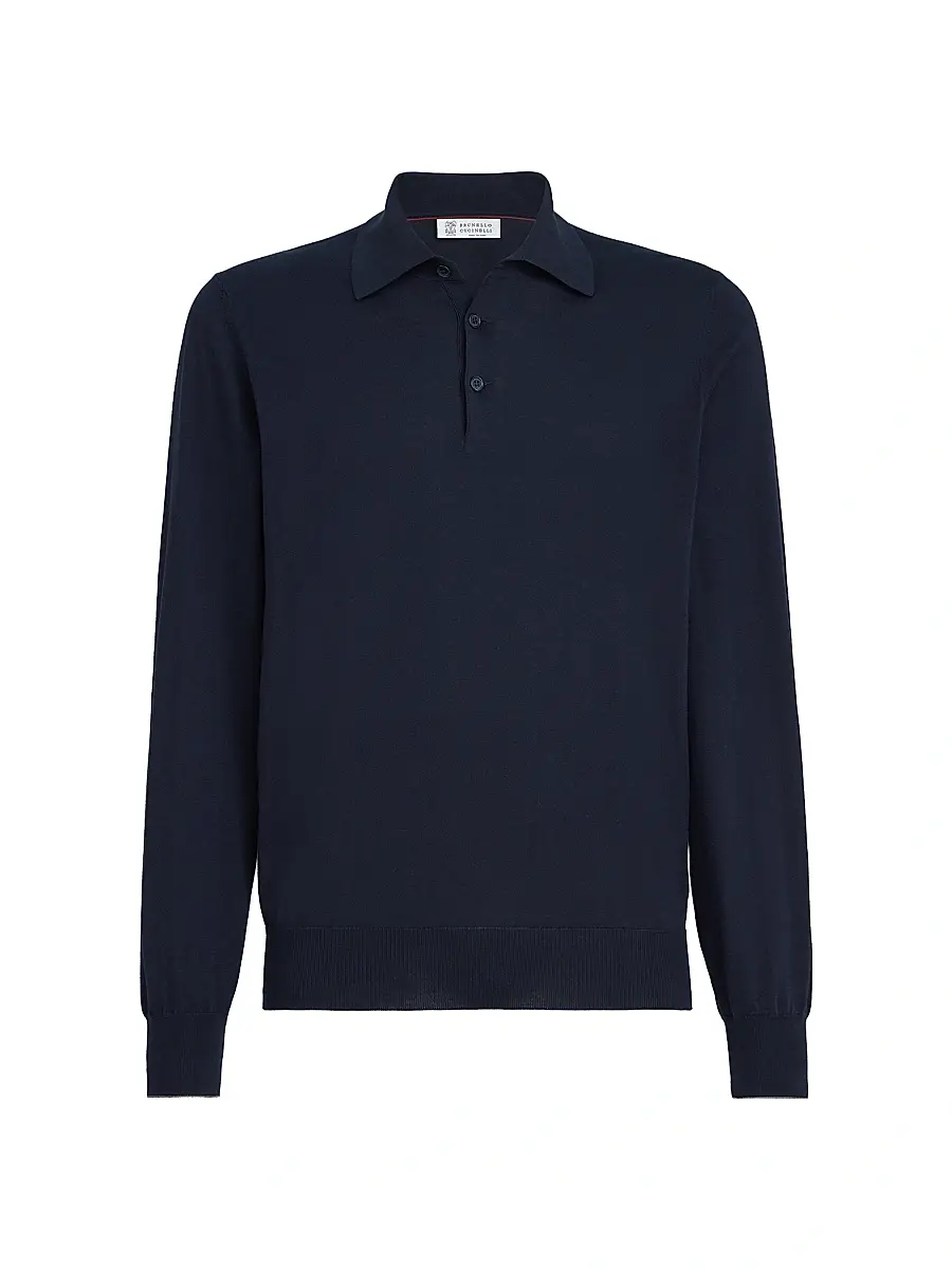 Brunello Cucinelli Men's Cotton Lightweight Knit Polo Shirt - Navy Blue | Image 1 Brunello Cucinelli Men's Cotton Lightweight Knit Polo Shirt - Navy Blue | Image 1