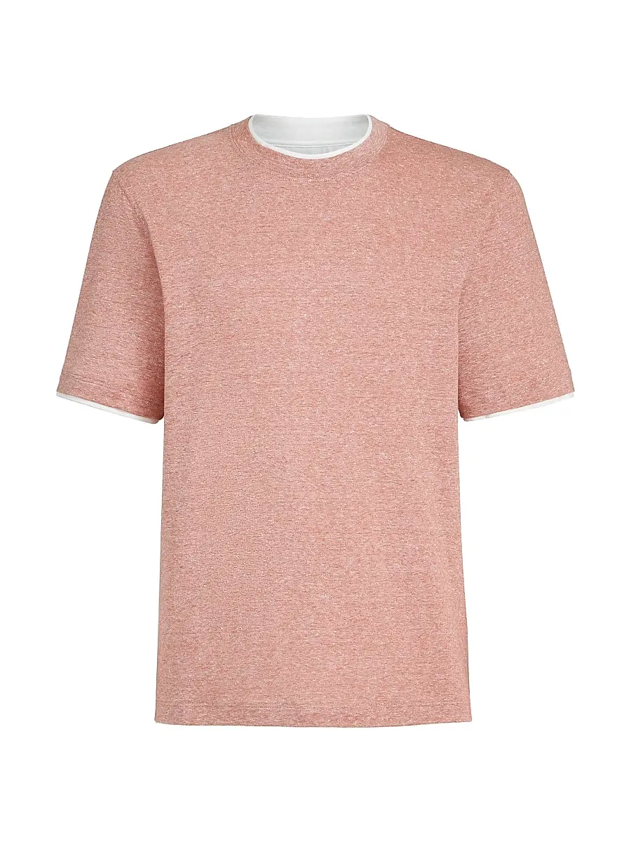 Brunello Cucinelli Men's Linen and Cotton Jersey Crew Neck T-Shirt with Faux Layering - Orange | Image 1 Brunello Cucinelli Men's Linen and Cotton Jersey Crew Neck T-Shirt with Faux Layering - Orange | Image 1