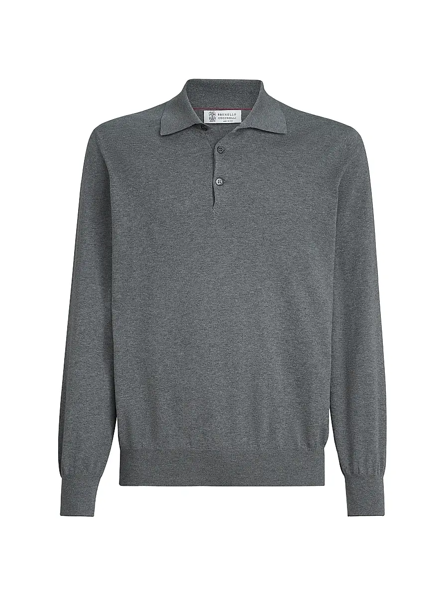 Brunello Cucinelli Men's Cotton Lightweight Knit Polo Shirt - Dark Grey | Image 1 Brunello Cucinelli Men's Cotton Lightweight Knit Polo Shirt - Dark Grey | Image 1