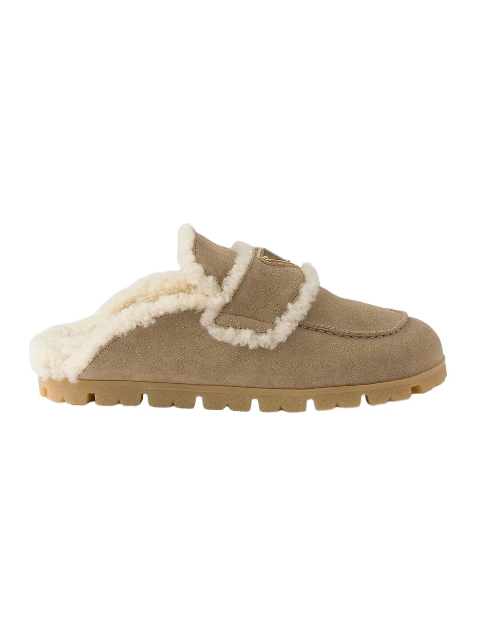 Prada Women's Suede and Shearling Mules - Beige Khaki