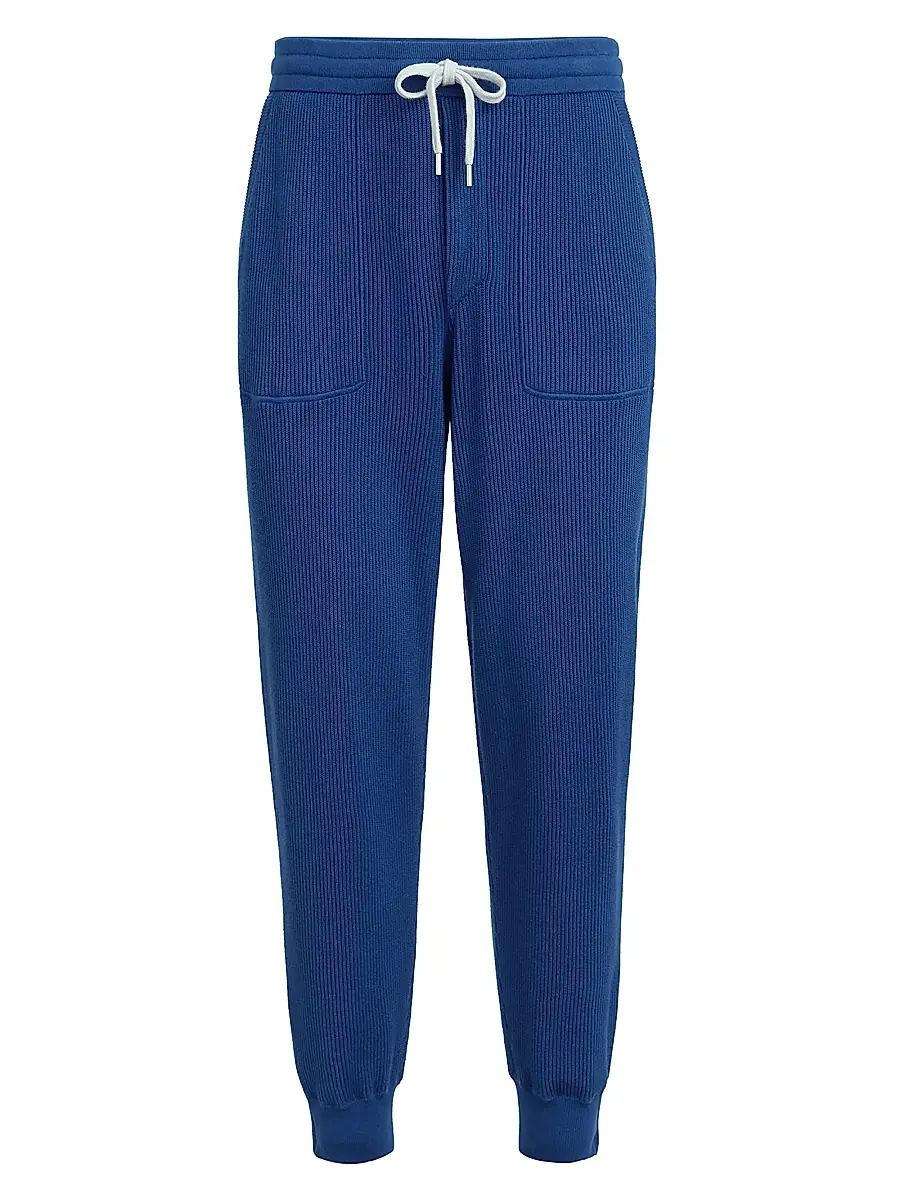 Brunello Cucinelli Men's Cotton English Rib Knit Trousers with Zipper Cuffs - Avio Blue | Image 1 Brunello Cucinelli Men's Cotton English Rib Knit Trousers with Zipper Cuffs - Avio Blue | Image 1