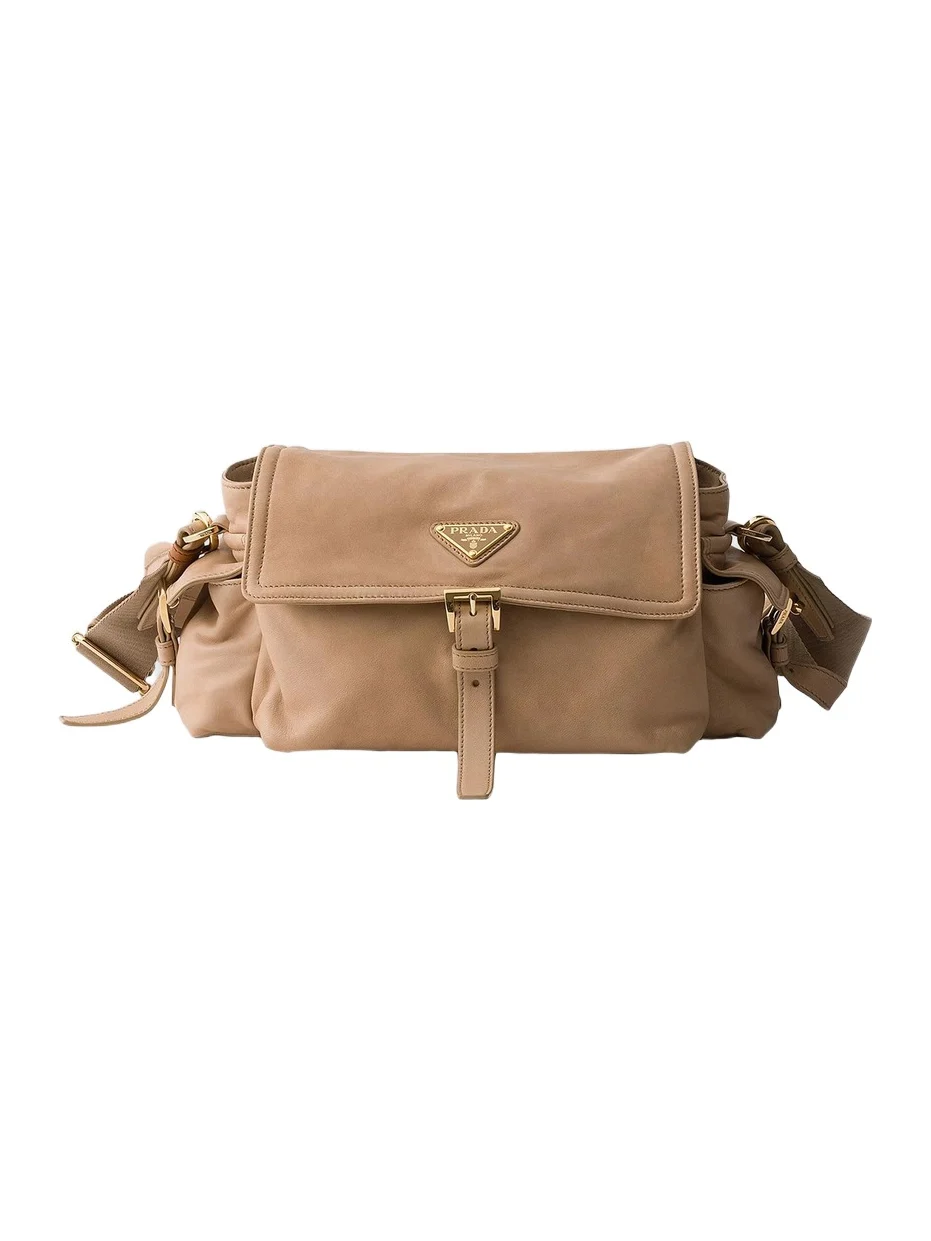 Women's Medium Explore Nappa Leather Shoulder Bag with Flap - Beige Women's Medium Explore Nappa Leather Shoulder Bag with Flap - Beige