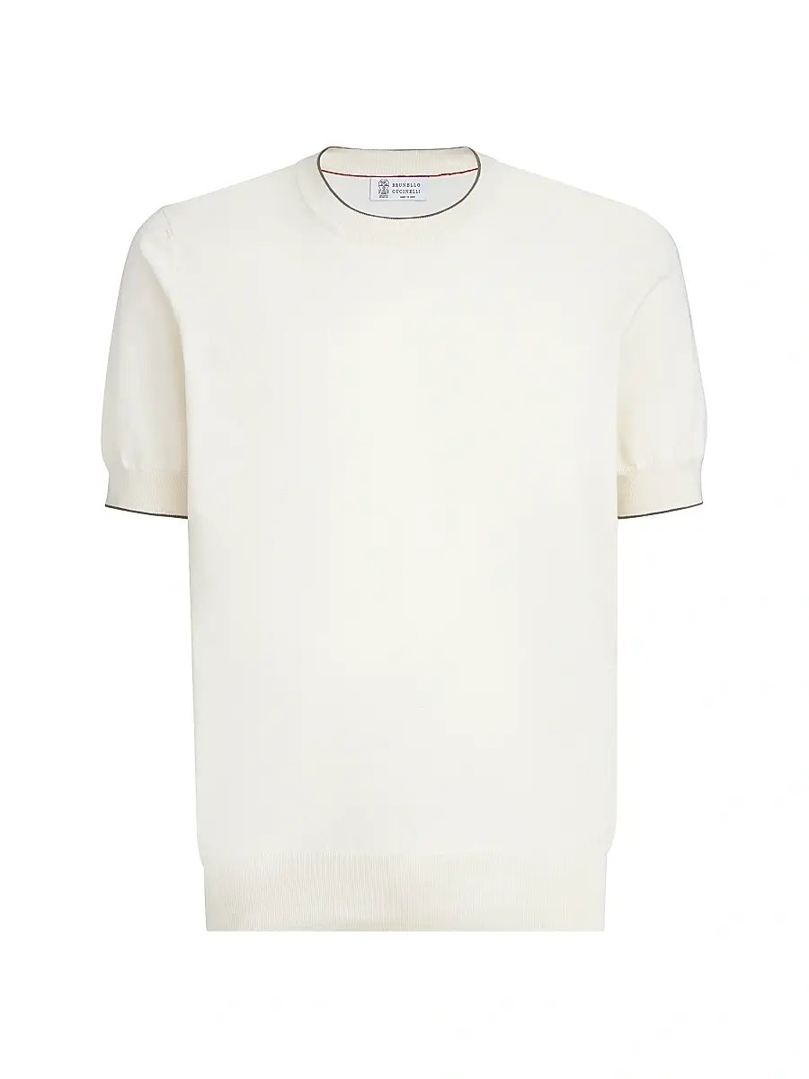 Brunello Cucinelli Men's Cotton Lightweight Knit T-Shirt with Contrast Details - | Image 1 Brunello Cucinelli Men's Cotton Lightweight Knit T-Shirt with Contrast Details - | Image 1