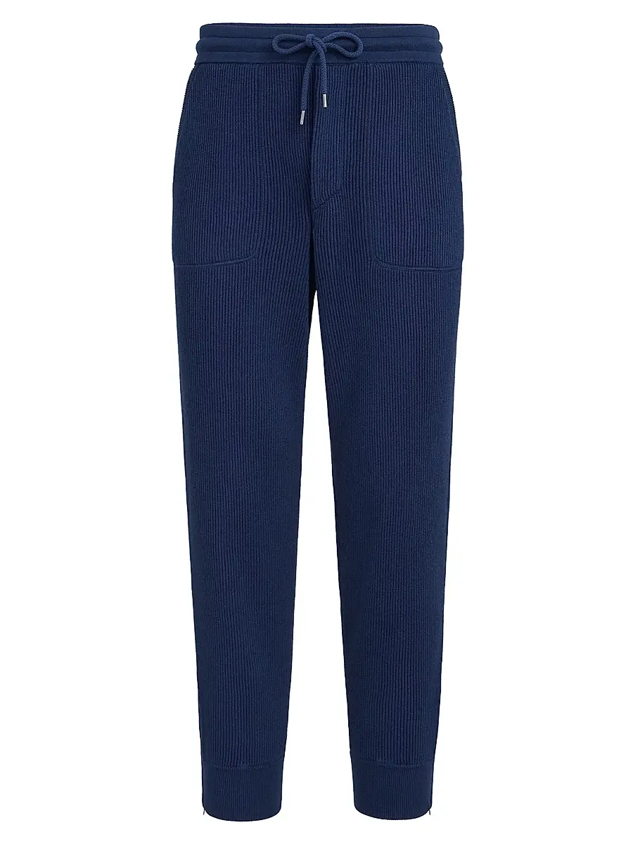 Brunello Cucinelli Men's Cotton English Rib Knit Trousers with Zipper Cuffs - Blue | Image 1 Brunello Cucinelli Men's Cotton English Rib Knit Trousers with Zipper Cuffs - Blue | Image 1