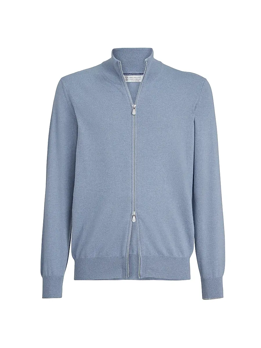 Brunello Cucinelli Men's Cashmere Turtleneck Cardigan with Zipper - Slate | Image 1 Brunello Cucinelli Men's Cashmere Turtleneck Cardigan with Zipper - Slate | Image 1