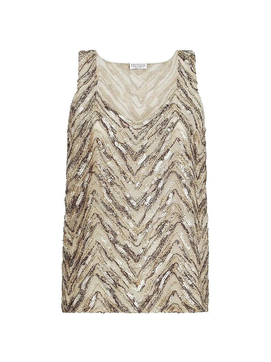 Brunello Cucinelli Women's Crispy Silk Top with Dazzling Chevron Embroidery - Beige | Image 1 Brunello Cucinelli Women's Crispy Silk Top with Dazzling Chevron Embroidery - Beige | Image 1