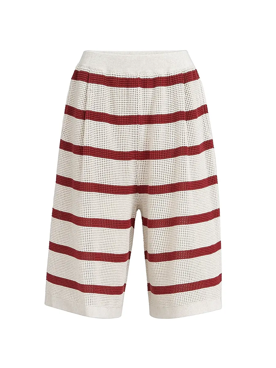 Brunello Cucinelli Women's Cotton Striped Net Knit Bermuda Shorts - Bordeaux | Image 1 Brunello Cucinelli Women's Cotton Striped Net Knit Bermuda Shorts - Bordeaux | Image 1
