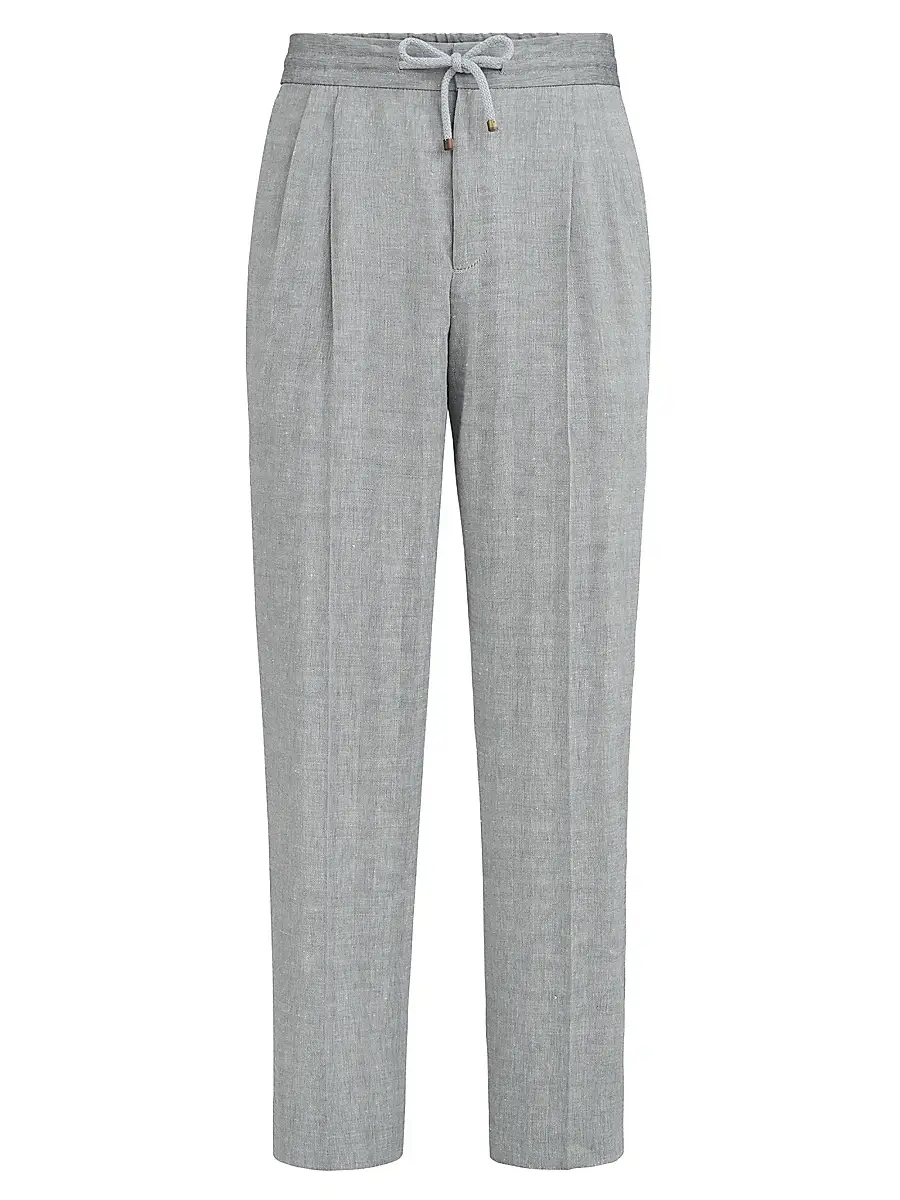 Brunello Cucinelli Men's Linen and Virgin Wool Chevron Trousers with Drawstring and Double Pleats - Medium Grey | Image 1 Brunello Cucinelli Men's Linen and Virgin Wool Chevron Trousers with Drawstring and Double Pleats - Medium Grey | Image 1