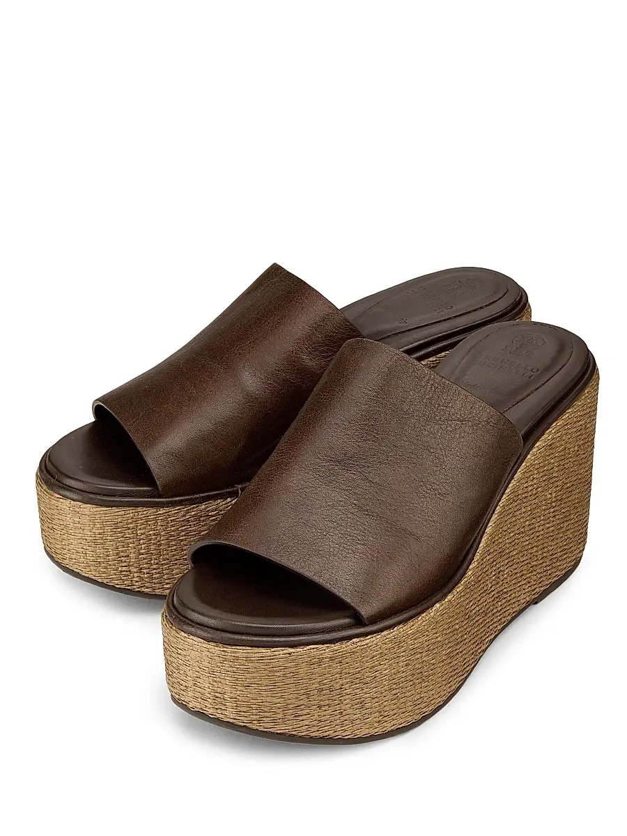 Brunello Cucinelli Women's 80MM Leather-Raffia Wedge Sandals | Thumbnail 2 Brunello Cucinelli Women's 80MM Leather-Raffia Wedge Sandals | Thumbnail 2