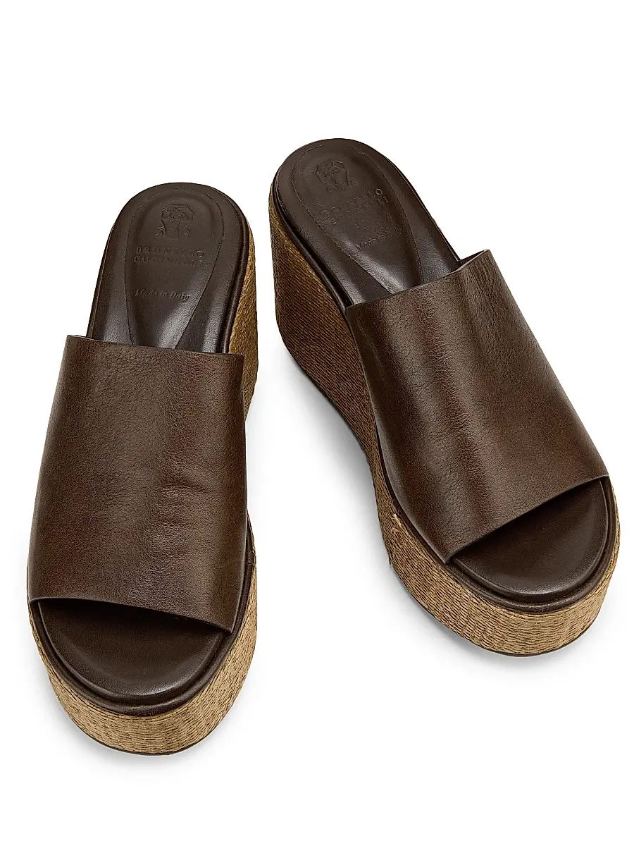 Brunello Cucinelli Women's 80MM Leather-Raffia Wedge Sandals | Thumbnail 4 Brunello Cucinelli Women's 80MM Leather-Raffia Wedge Sandals | Thumbnail 4