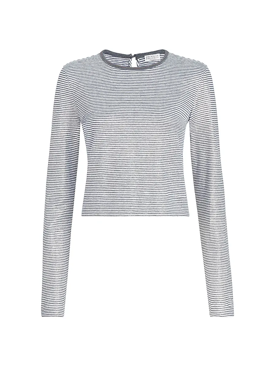 Brunello Cucinelli Women's Striped Linen Lamé Jersey Top with Shiny Trim - Blue - Size XL | Image 1 Brunello Cucinelli Women's Striped Linen Lamé Jersey Top with Shiny Trim - Blue - Size XL | Image 1