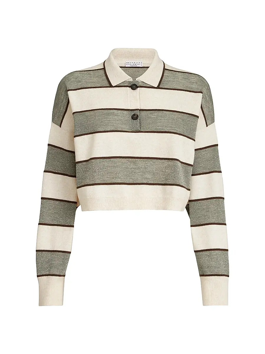 Brunello Cucinelli Women's Virgin Wool, Cashmere and Linen Cropped Knit Polo - Sage | Image 1 Brunello Cucinelli Women's Virgin Wool, Cashmere and Linen Cropped Knit Polo - Sage | Image 1