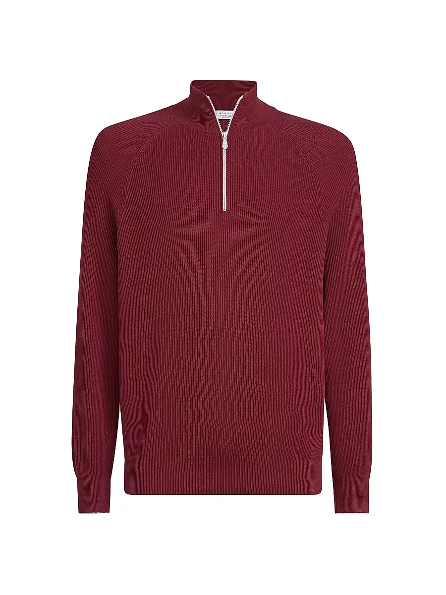 Brunello Cucinelli Men's Cotton English Rib Sweater with Half Zip and Raglan Sleeves - Red - Size 38 | Image 1 Brunello Cucinelli Men's Cotton English Rib Sweater with Half Zip and Raglan Sleeves - Red - Size 38 | Image 1