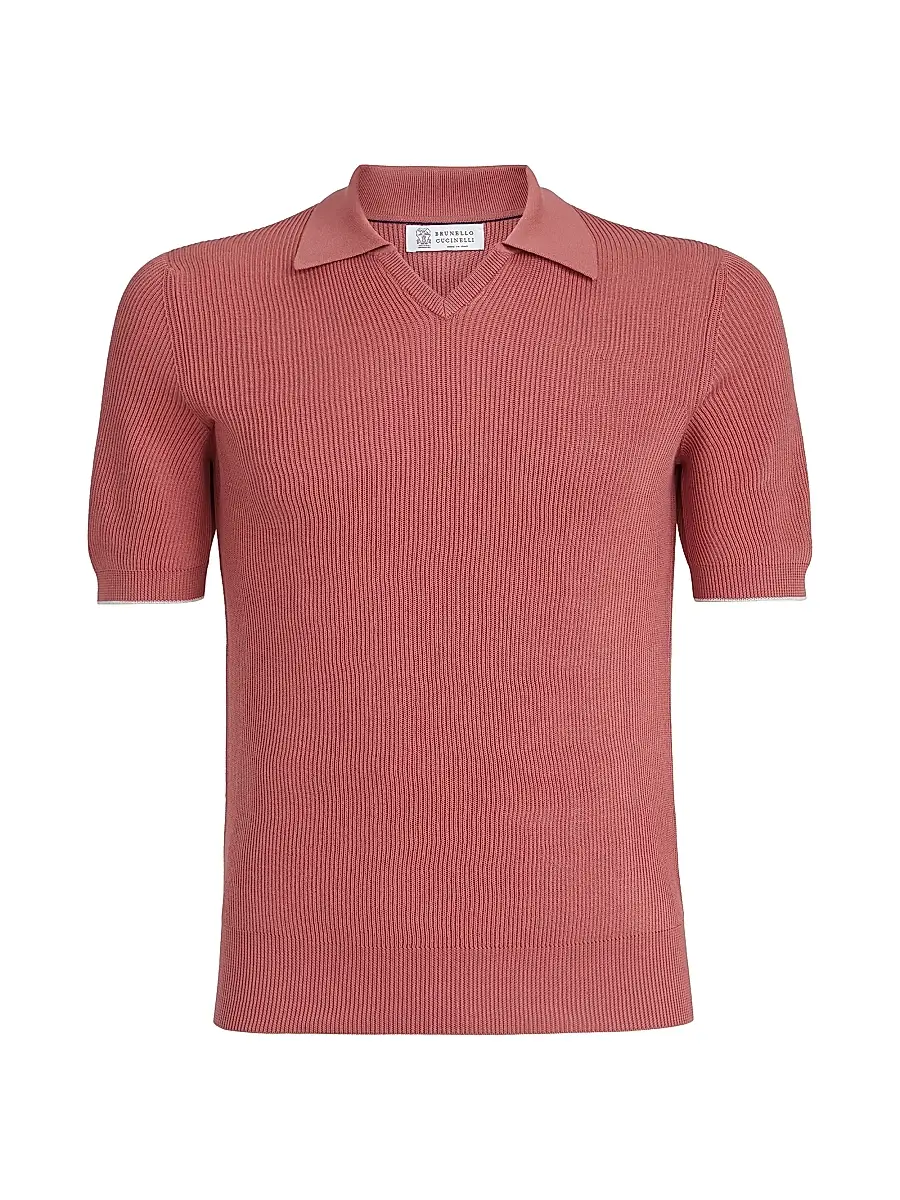 Brunello Cucinelli Men's Cotton English Rib Knit Polo Shirt - Orange | Image 1 Brunello Cucinelli Men's Cotton English Rib Knit Polo Shirt - Orange | Image 1