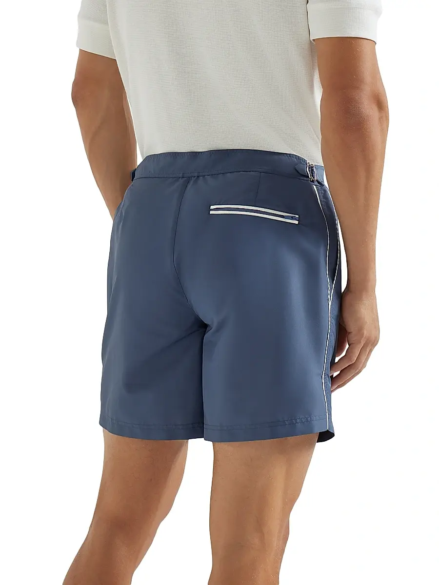 Brunello Cucinelli Men's Nylon Swim Shorts with Tabbed Waistband and Piping - Denim | Thumbnail 2 Brunello Cucinelli Men's Nylon Swim Shorts with Tabbed Waistband and Piping - Denim | Thumbnail 2