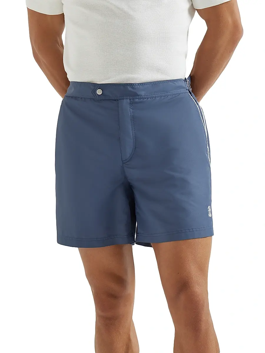 Brunello Cucinelli Men's Nylon Swim Shorts with Tabbed Waistband and Piping - Denim | Thumbnail 3 Brunello Cucinelli Men's Nylon Swim Shorts with Tabbed Waistband and Piping - Denim | Thumbnail 3